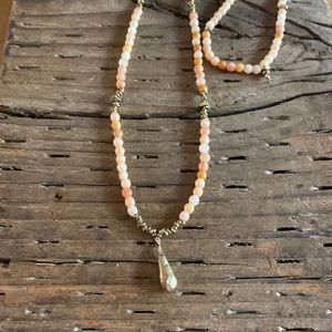 Peach & brass long necklace